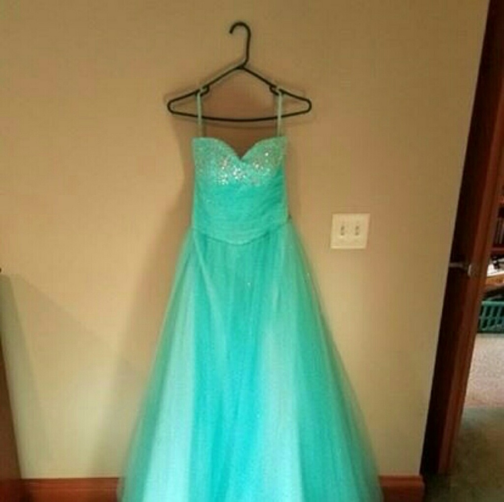 Bluish green long strapless full dress